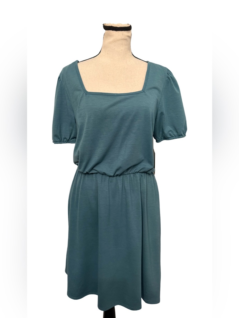 Daisy May Teal Blue Puff Sleeve Midi Dress Square Neck Tie Back Large NWT